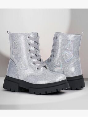 Toddler Kids Silver Waterproof Glitter Heart Combat Boots